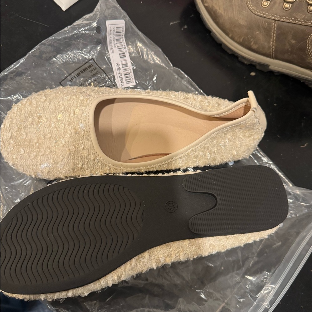 Cream and Black Fuzzy Flats with Rubber Sole